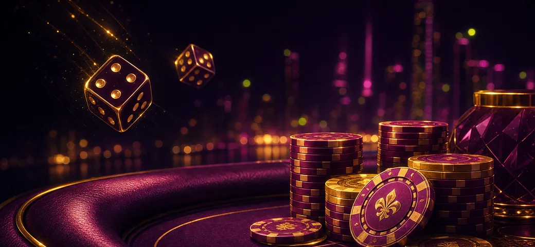 Stacks of glowing casino chips and tumbling dice on a plum casino table at night