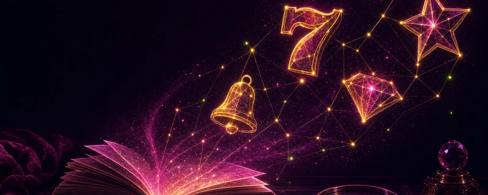 An open glowing book with golden reel symbols rising from its pages