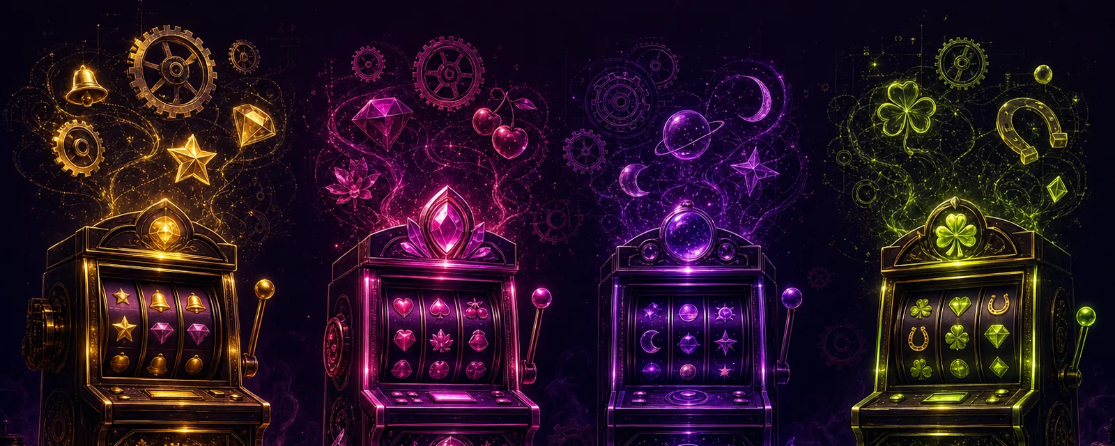 A row of glowing slot machine cabinets, each radiating a different colour
